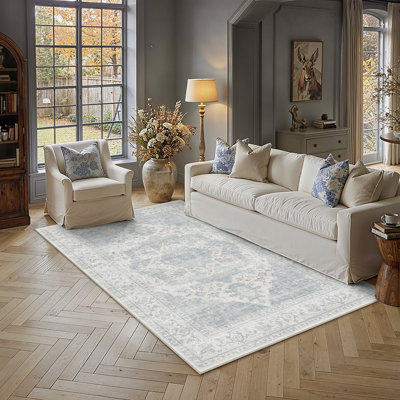 Tapis bleu Artisanal rétro lavable à la machine et antidérapant
