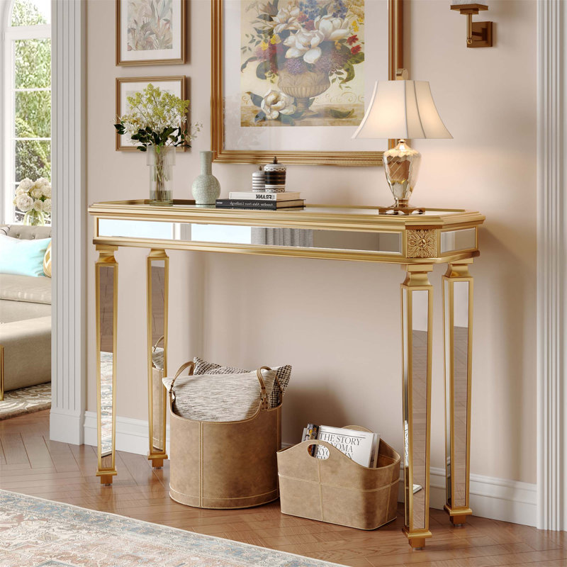Console rétro à grain de bois sculpté, élégante et fonctionnelle pour le vestibule ou le salon