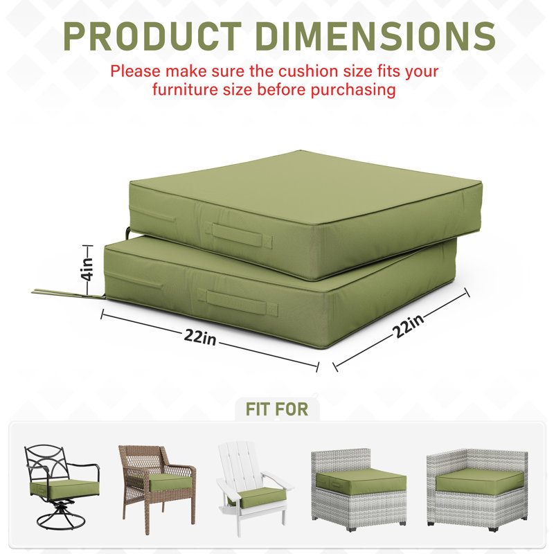Coussins de siège d'extérieur (ensemble de 2), L 22 po x P 22 po, 4 pouces, Vert clair