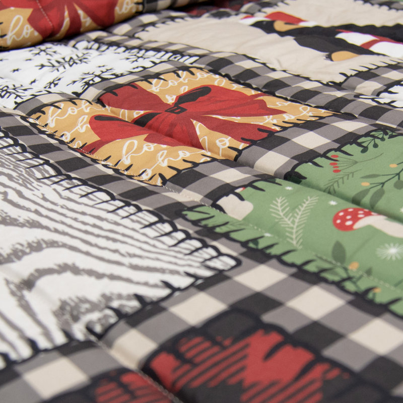 Winter Cottage Twin Black Microfiber Reversible Quilt Set