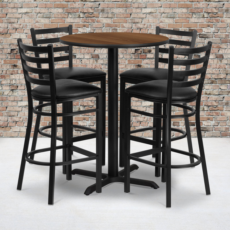 Carlton 30'' Round Laminate Table Set with X-Base and 4 Ladder Back Metal Barstools, Black, Walnut