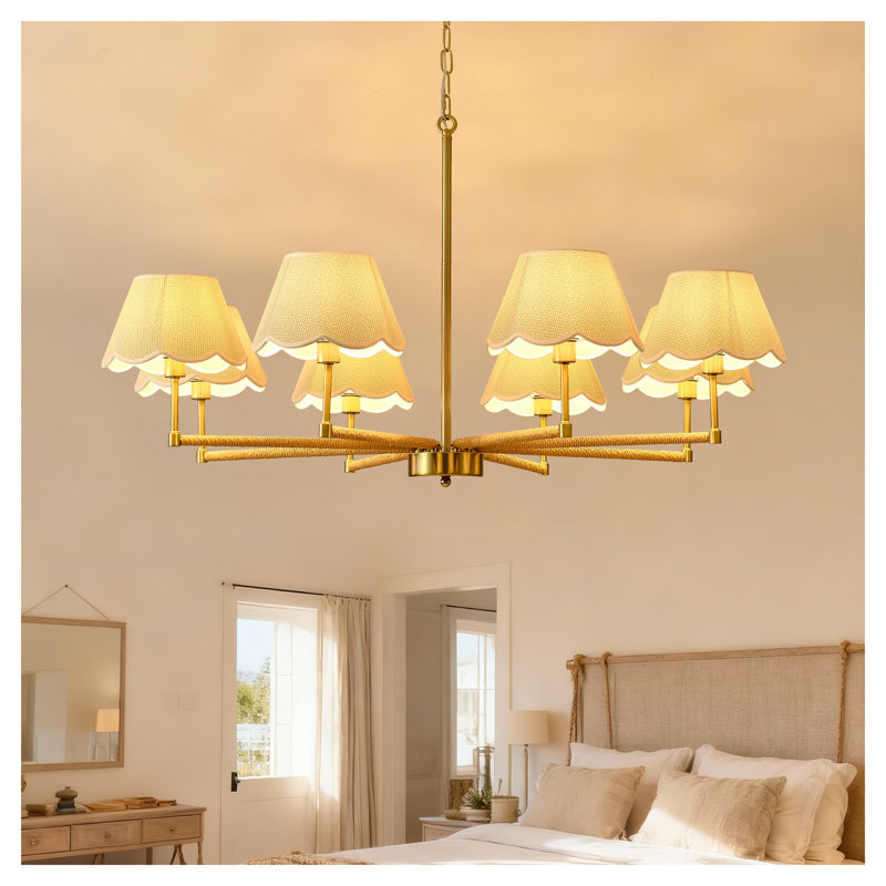 Lustre 8 lumières en métal doré et corde avec abat-jour en tissu