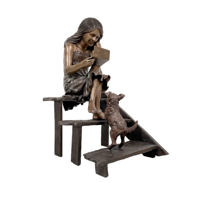 Bronze Girl with Dog on Stairs Sculpture