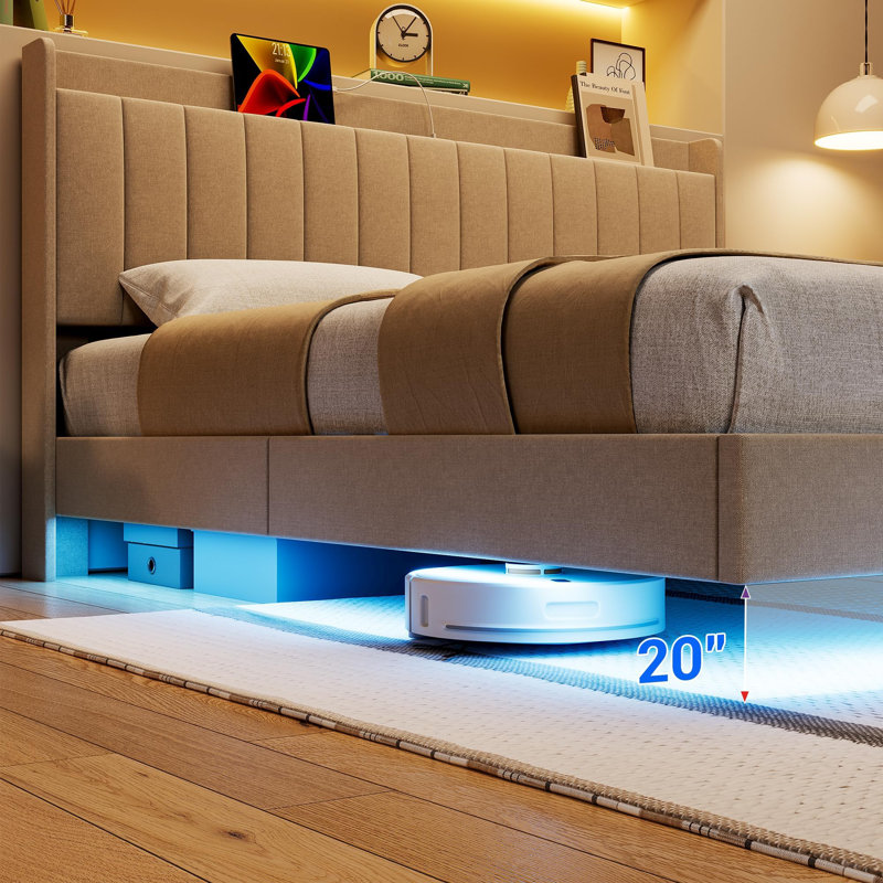 Full Size Floating Bed Frame With LED Lights, Upholstered Platform Bed Frame With Charging Station & Storage Headboard, Full