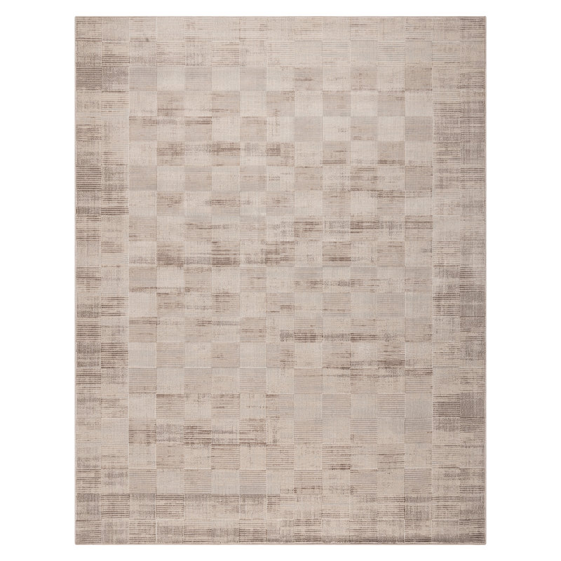 Checkered High-Low Indoor Area Rug, Beige Cream Gold Modern Geometric Textured Polyester – Migliore Lyla