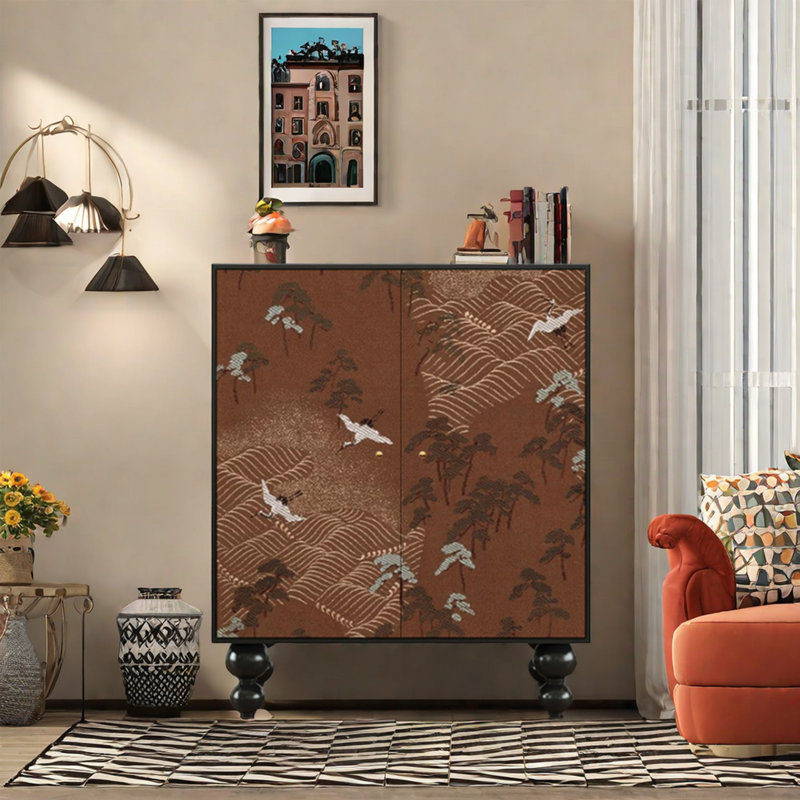 Crane Pattern Solid Wood Shoe Cabinet 17 Pair Shoe Storage Cabinet