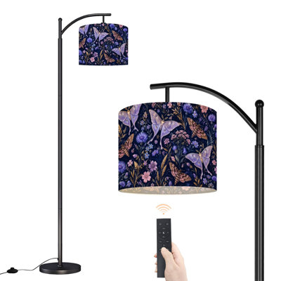  Arc Floor Lamp Elegant Butterflies Wildflowers Dark Tall Modern Standing Lamp LED Adjustable Linen Lampshade 3 Color Temperatures