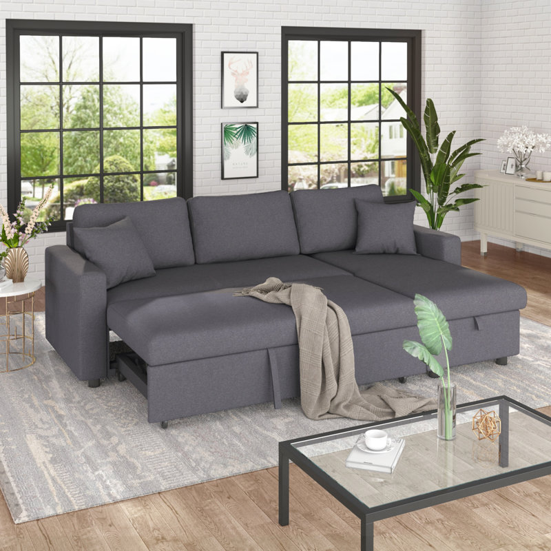 Canapé-lit modulaire gris 87,44 po avec rangement, mousse haute densité et coussins décoratifs
