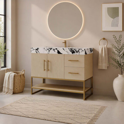Meuble-lavabo moderne de 91 cm (36 po) avec lavabo en céramique sans joint et comptoir en pierre frittée, solution de rangement tout-en-un