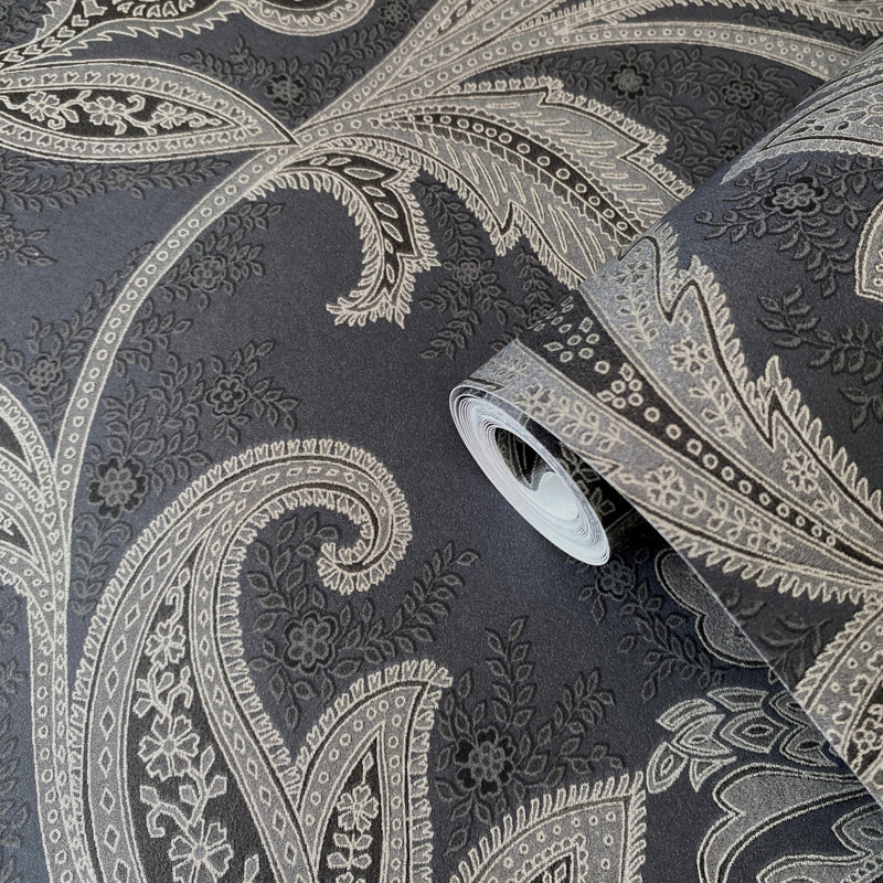 Elegance Collection Paisley Design Pearlescent Finish Wallpaper Roll, Dark Gray