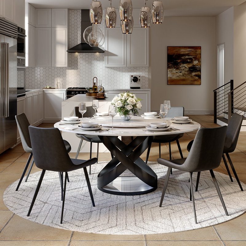 Maxwell Modern 5/7-Pieces Dining Room Sets (Round Dining Table + 4/6 Chairs) Pre-Assembly, Sintered Stone Tabletop Kitchen Dining Table Set with Dining Chairs