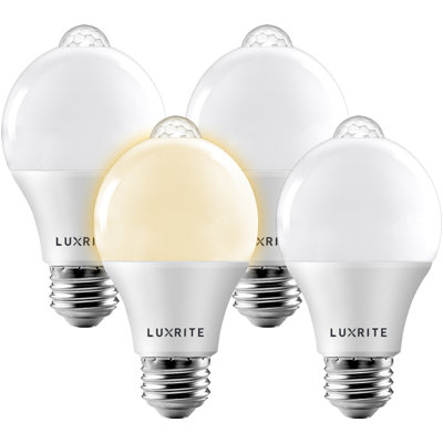 9 Watt (60 Watt Equivalent), A19 LED, Motion Sensor Light Bulb, E26/Medium (Standard) Base -  Luxrite, LR21483-4PK