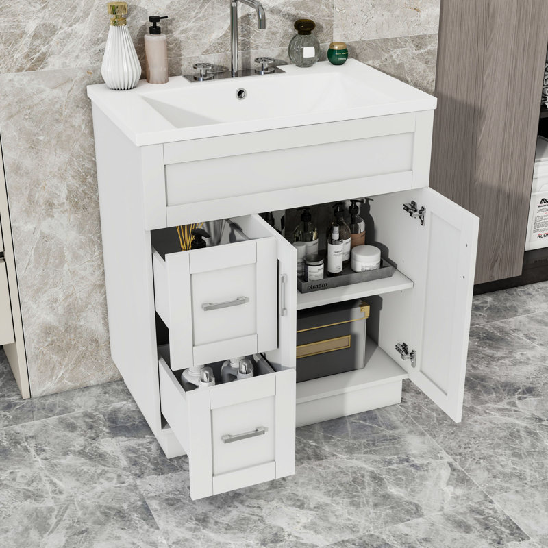 Meuble-lavabo autoportant élégant avec charnières à fermeture en douceur, rangement réglable et lavabo en résine