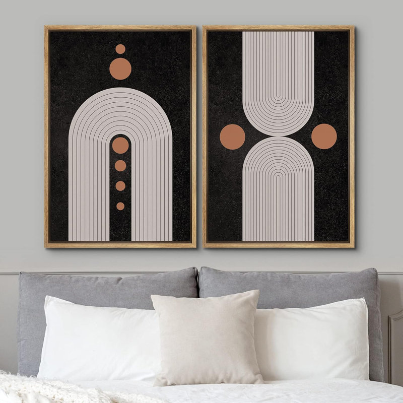 Reproduction de formes abstraites de style Mid-Century moderne boho noir et brun sur fond de cercle géométrique sur toile, 2 pièces