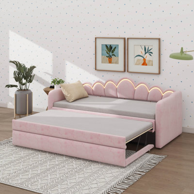 Twin XL-Size Upholstered Daybed With Trundle And LED Lighting, Adjustable Trundle Bed Design
