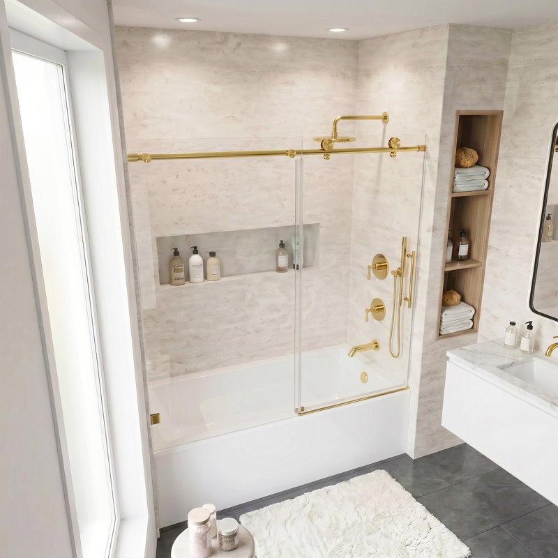 Porte de douche coulissante simple sans cadre l 56 à 60 po x H 60 po, Brushed Gold