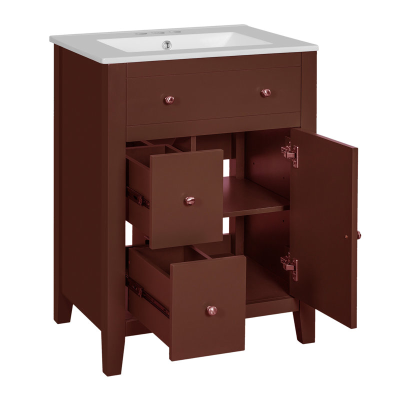 24" Bathroom Vanity With Premium Ceramic Basin, Brown