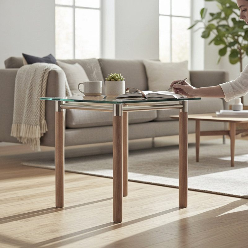 Boothe Glass Top End Table, White, 43cm H x 42cm W x 42cm D