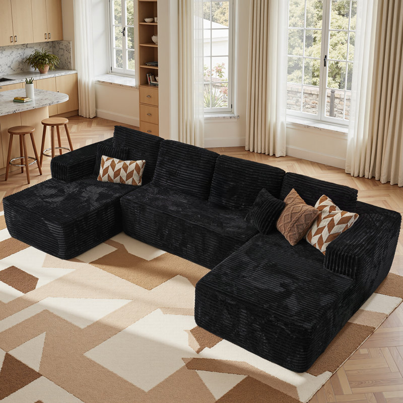 Compression Packed 3-piece Cloud Modular Sectional Sofa In Boneless Corduroy – No Assembly Required, Black Polyester/Corduroy
