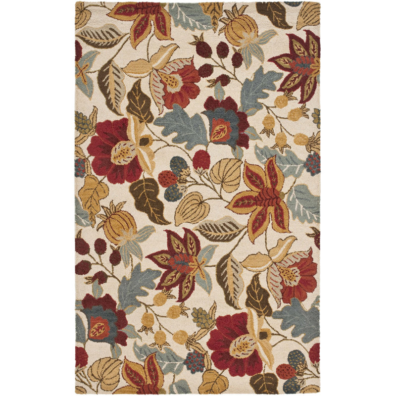 Emrick Hand Hooked Wool Floral Rug, Rectangle 4' x 6'