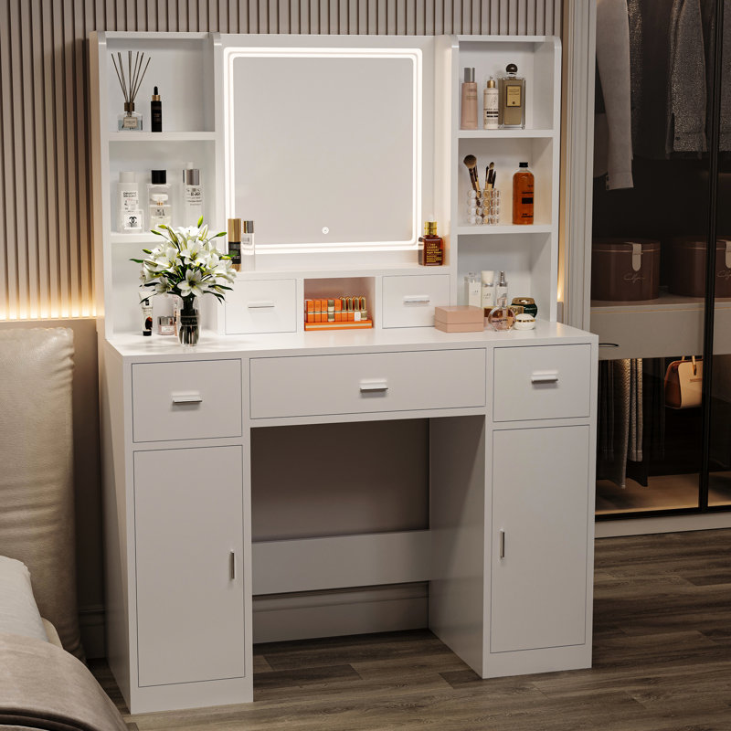 Meuble-lavabo de chambre à coucher avec miroir à DEL et grand espace de rangement: coiffeuse blanche à 5 tiroirs, 2 armoires réglables, prises de courant style américain - armoires à tiroirs à utiliser