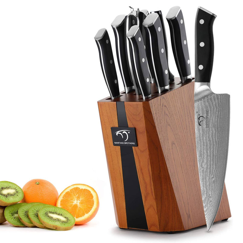 Ensemble de couteaux de cuisine Nanfang Brothers Damascus avec bloc de frêne de Mandchourie, 9 pièces