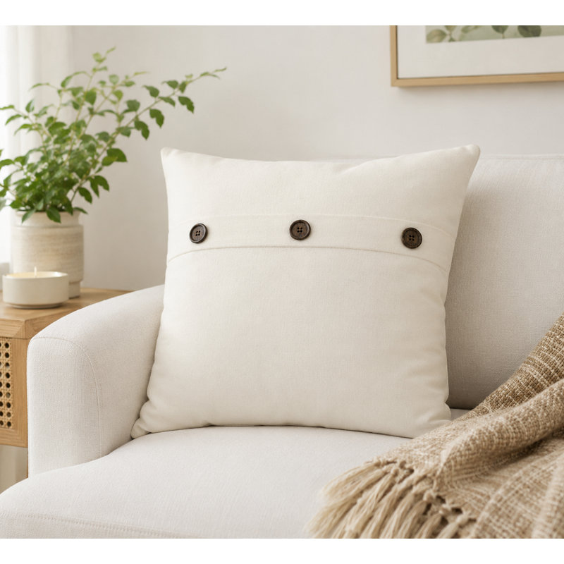 Solid Button Buttons Linen Throw Pillow, White