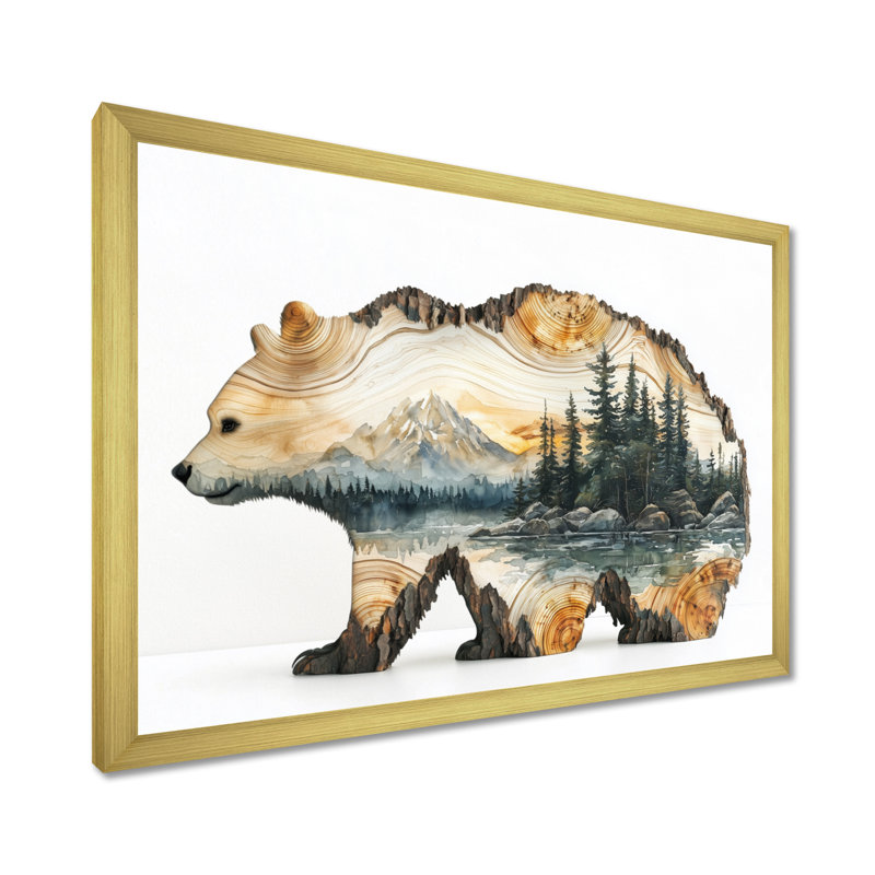 Double exposition ours dans le lac I - art mural ours, H 16 po x l 32 po, Picture Framed, Doré
