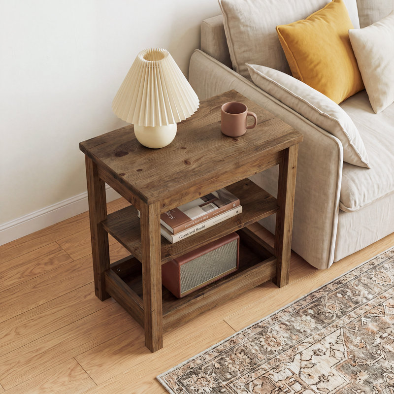 Solid Wood End Table with 3-Tier Storage, Light Brown
