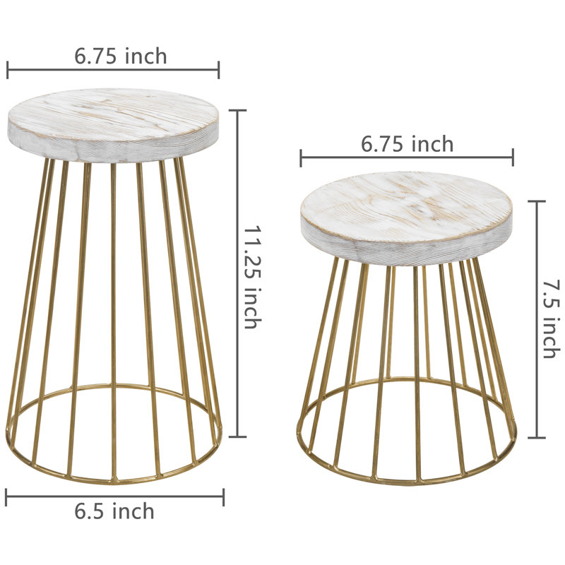 Set of 2 Vintage Brass-Tone and Whitewashed Wood Pedestal Display Risers – Round Decorative Dessert Stands
