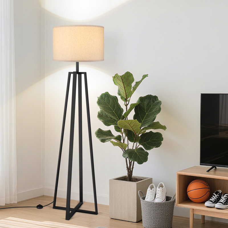 64.5in Flaxen Lamp Shade With 3 Color Temperatures Led Bulb, Mid Century Standing Lamp Black