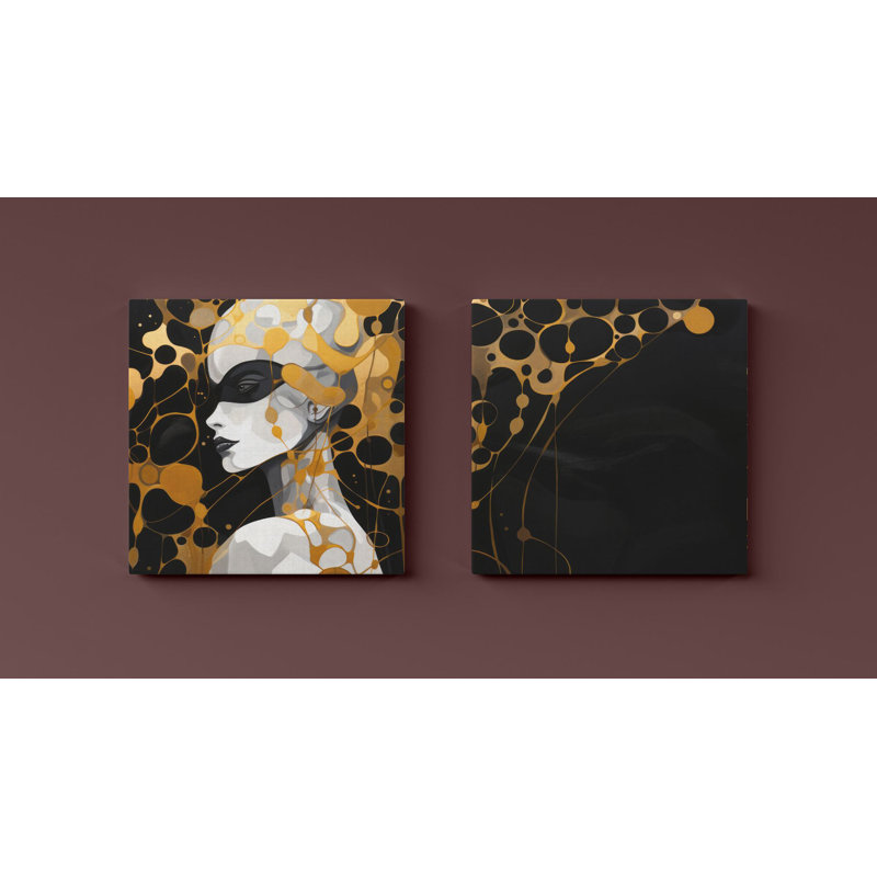 Elegant Decorative Canvas Painting Set (2 Pieces), Gold & Black, 11.8 x 11.8 Inches | 100% Canvas with 100% Wooden Frame | Perfect for Home Decor, Living Room & Office Wall Art, Stylish & Contemporary Design
