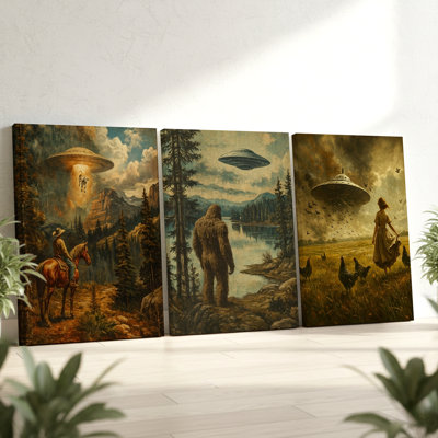 3 Pieces Vintage Style UFO and Bigfoot Surreal Landscape Large Wall Art, Three Pieces Wall Art for Living Room, Bedroom, and Office Decor, Framed Look