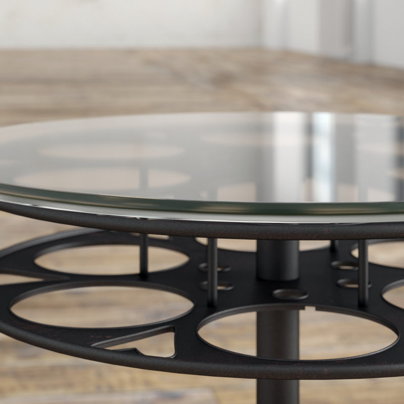 Simen Metal Film Reel Side End Black Accent Table with Tripod Legs and Glass Top