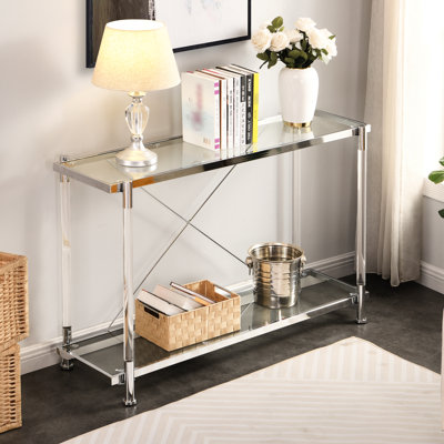 Table en verre pour chambre à coucher et salon, 44,31 po, pieds en acrylique, 2 tablettes, rebord en métal robuste 44,31 po Home