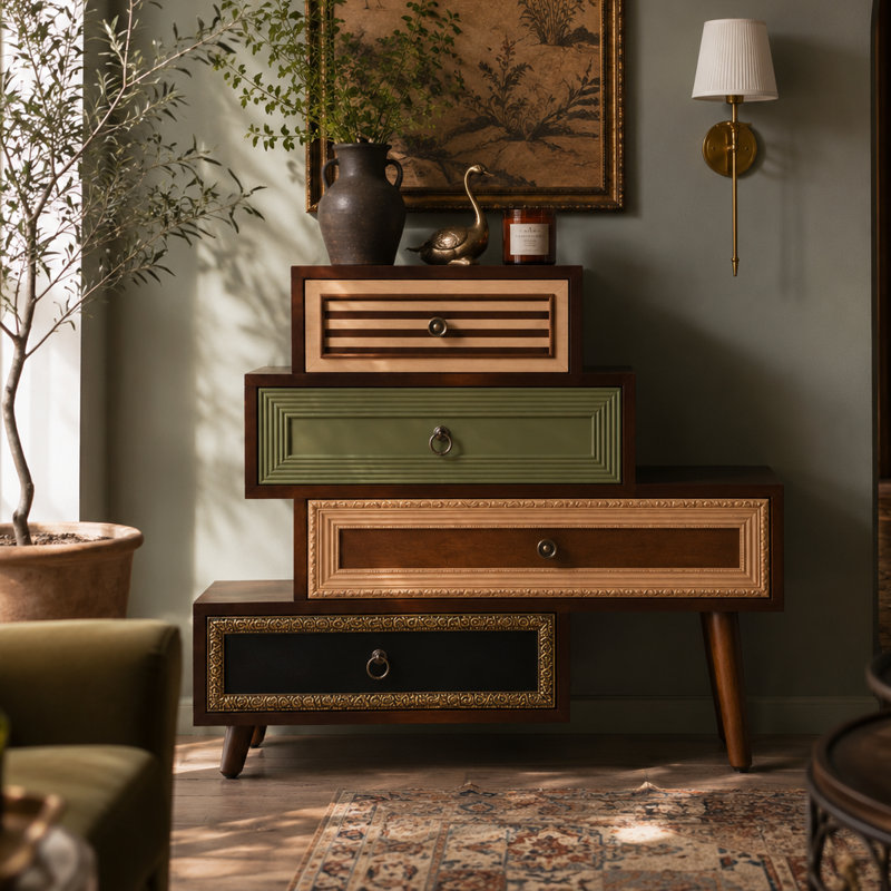 Fienley Staggered 4-Drawer Cabinet With Artistic Mixed Materials, Vintage Handles, And Compact Design