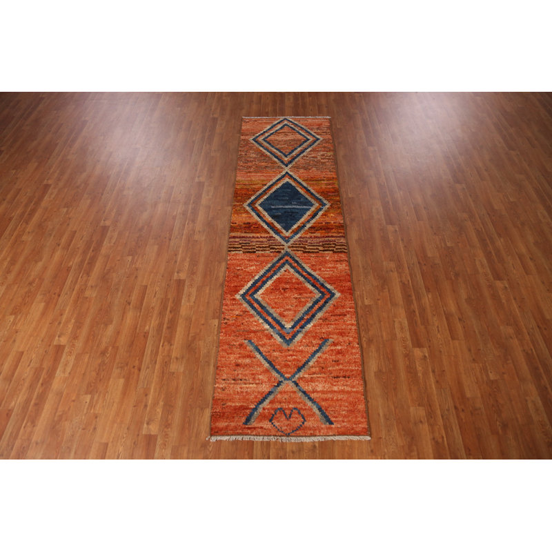 Orange Wool Moroccan Oriental Runner Rug 3x10