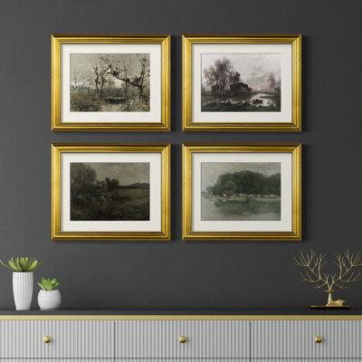 "Vintage Landscape" XXXV, ensemble de 4 reproductions encadrées