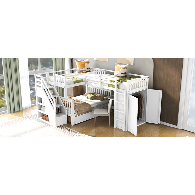 Lit superposé simple en L avec 3 tiroirs, bureau portable et garde-robe, Blanc