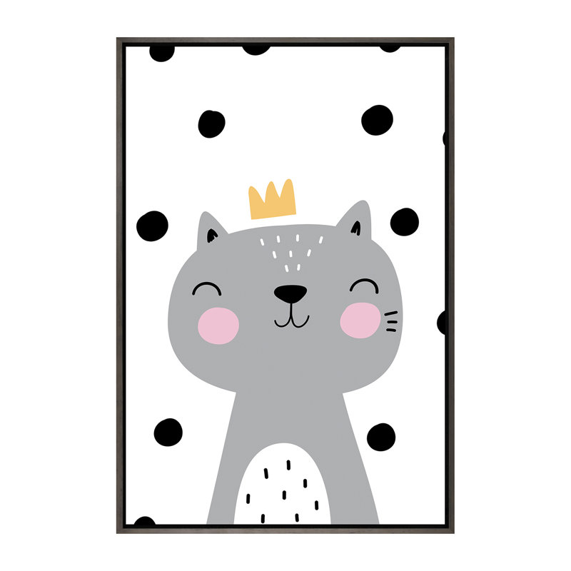 Chat avec couronne gris à pois - impression d'art graphique, H 60 po x l 40po x P 1,5 po, Toile avec cadre gris, Pas de tapis