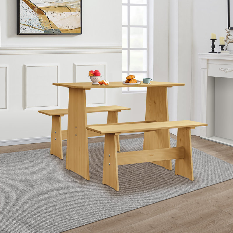 Treya 3 Piece Solid Wood Dining Set Space-Saving Kitchen Breakfast Nook, Natural
