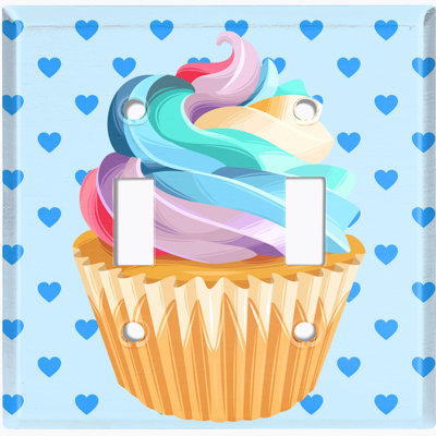 Metal Light Switch Plate Outlet Cover (Colourful Cupcake Blue Heart Polka Dots - Single Toggle)