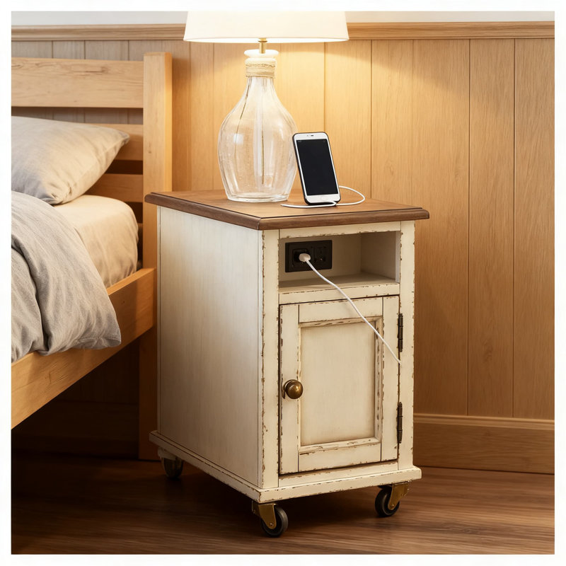 Table de bout French Country avec prises électriques et ports USB | Table d'appoint avec station de charge et tablette ouverte | Finition en bois vieilli de style chalet