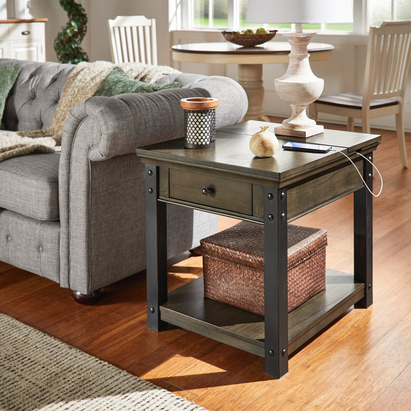 Kennemer End Table with Storage and Built-In Outlets, Antique Gray