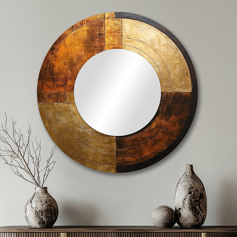 Bronze Brilliance Symetry - Abstract Shapes Decorative Mirror, Brown Round Wall Mirror, Printed Metal Art, 29" x 29"