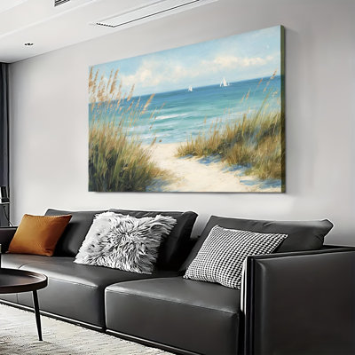 Soft Coastal Painting of Beach Dune Grass, Sandy Path and White Sailboats on Bright Blue Ocean Canvas Wall Art