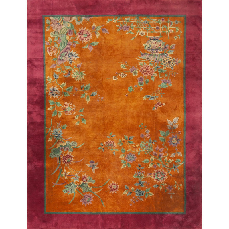 Antique Art Deco Room Size Wool Red, Yellow / Gold / Orange Rug