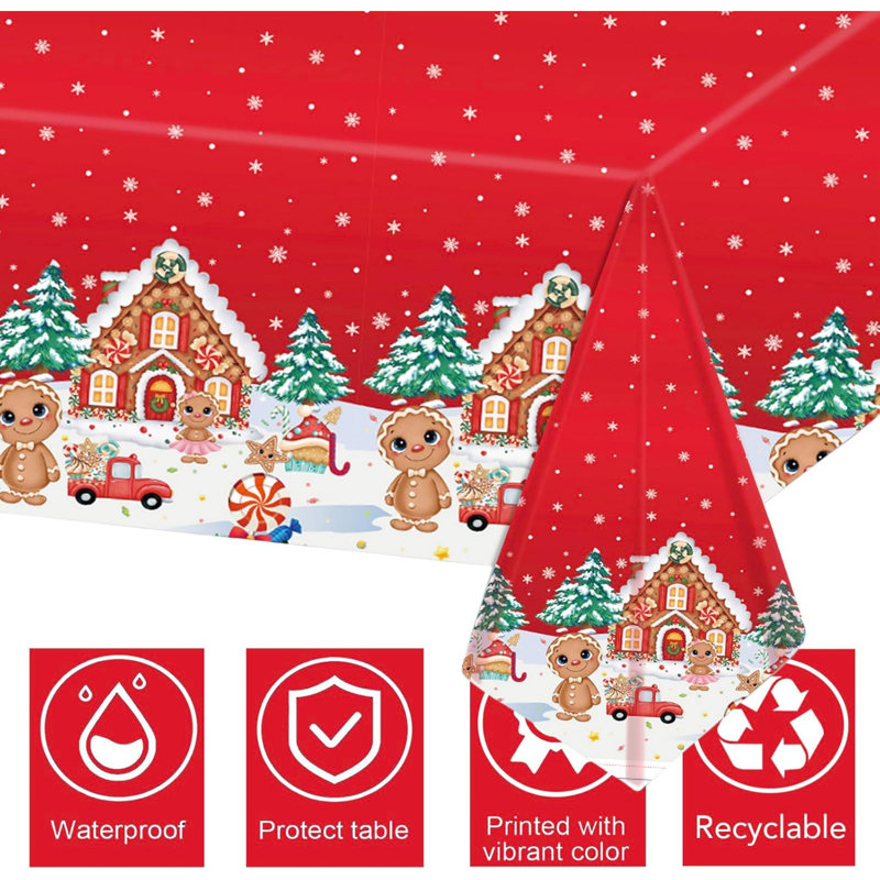 2PCS Christmas Tablecloth,137*274cm Large Red Gingerbread Man Xmas Party Table Cover,Disposable Rectangle Christmas Plastic Table Cloth for Christmas Party,Winter Holiday,Christmas Table Decorations