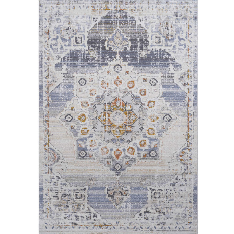 Tapis 8 x 10 en médaillon crème / or - non délesté, teint, convient au salon, à la chambre à coucher, à la salle à manger, au bureau