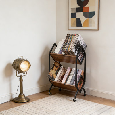 2-Tier Rolling Vinyl Record Holder With Dividers, 160-200 LP Retro Style Display Rack, Quick Assembly Storage For Albums, Magazines And Books by 17 Stories